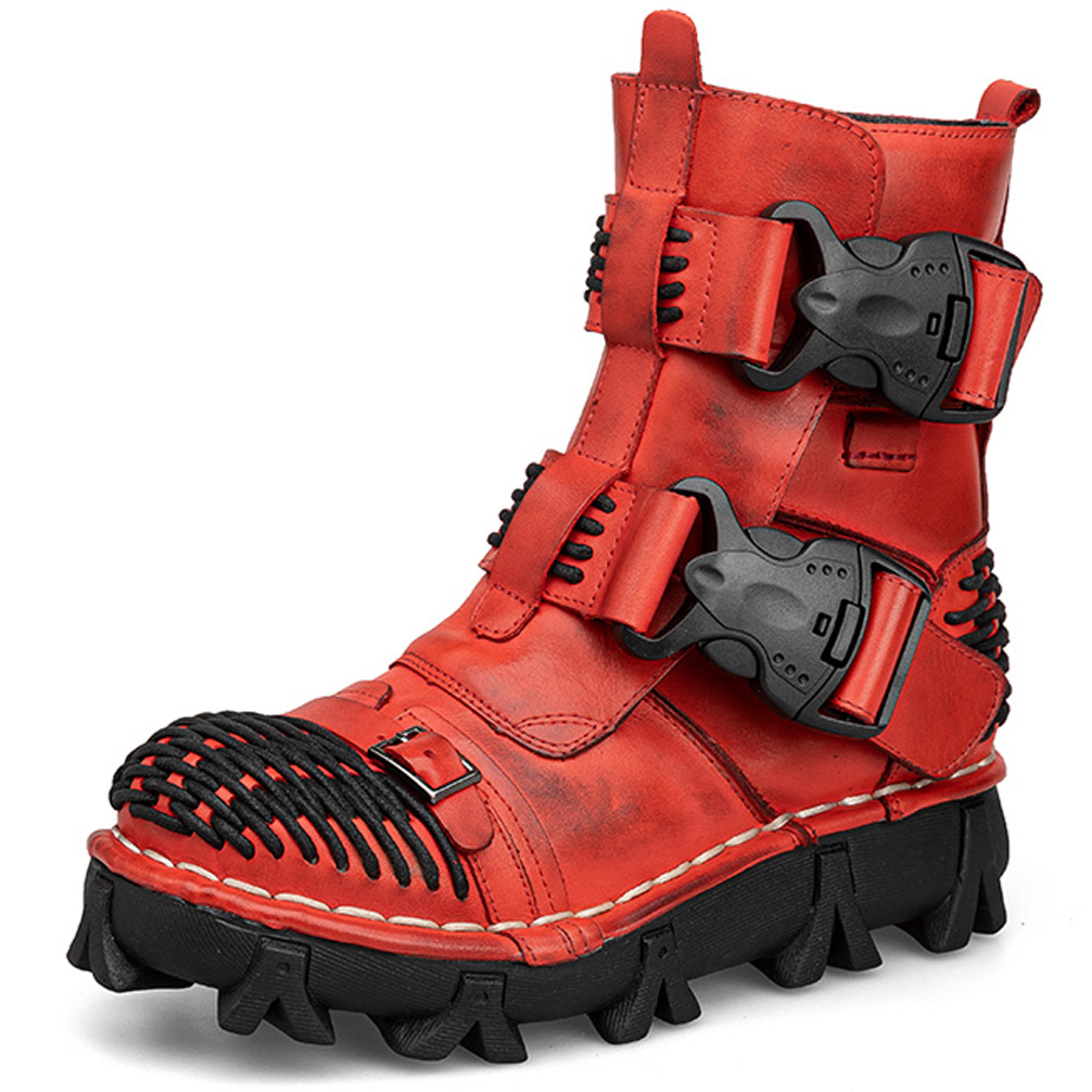 Men's Genuine Leather Motorcyc - Men Shoes Red のレビューと価格