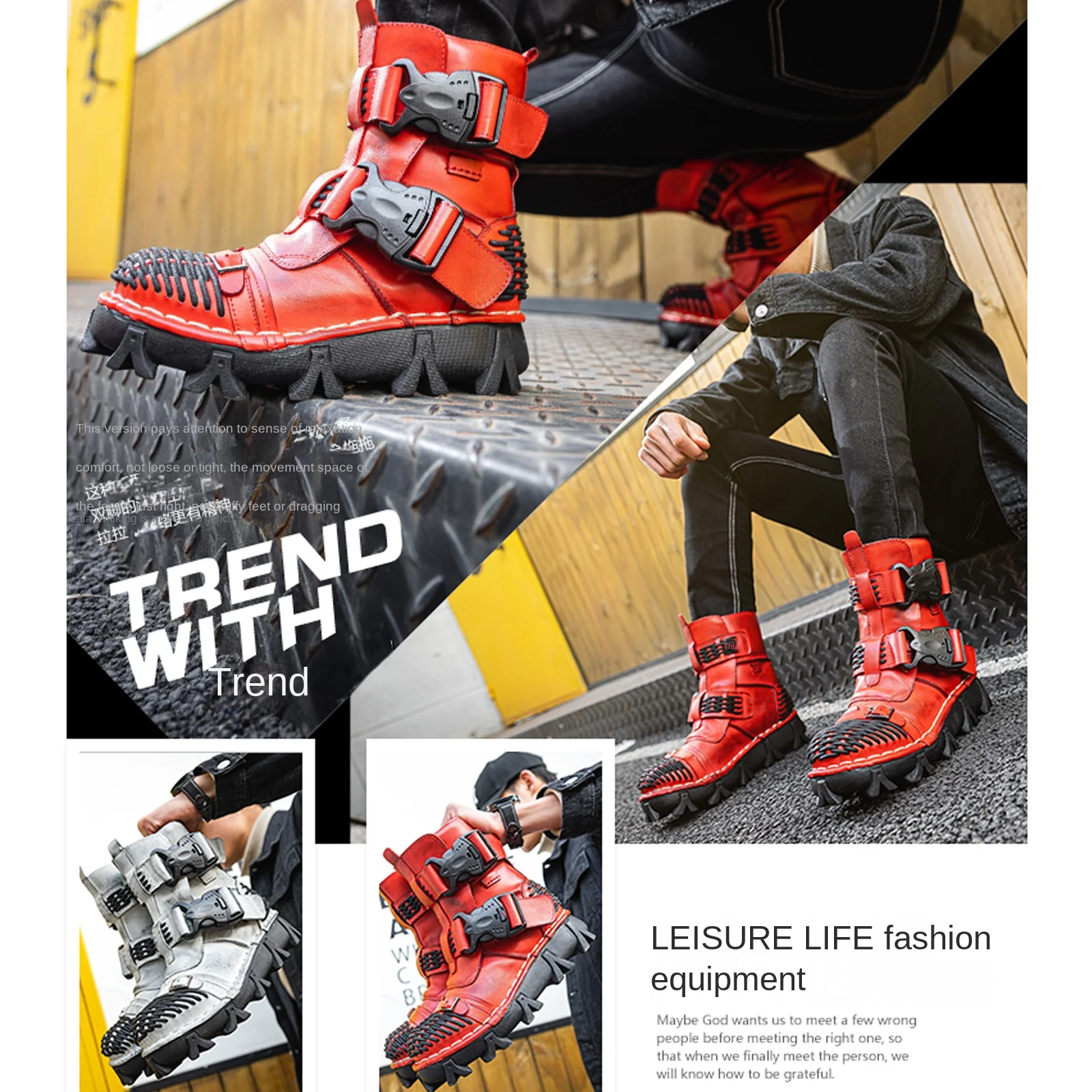 Men's Genuine Leather Motorcyc - Men Shoes Red のレビューと価格
